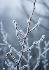 Obraz premium Stunning close-up of delicate hoarfrost crystals covering bare branches on a frigid winter morning, creating a spectacular natural display, beautiful, natural, crystals