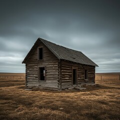 Weathered, decaying wooden log cabin structure standing resiliently against the harsh elements of a vast, desolate rural landscape, forgotten, frontier, landscape