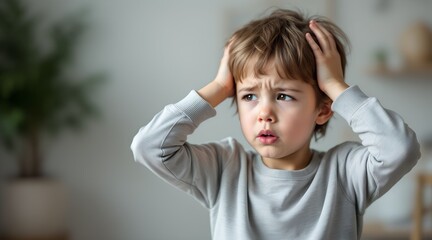 Expressive young boy holding his head with a worried face indoors, depicting confusion and frustration for childhood anxiety concept and emotional struggle