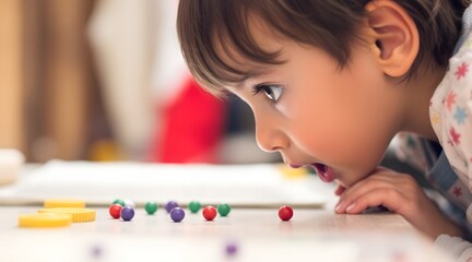 Close-up of a young child intently observing colorful beads and toys on a table for early learning concept and focused playtime