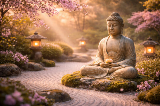 Buddha statue in zen garden at sunset. Hanamatsuri and Vesak Day concept.