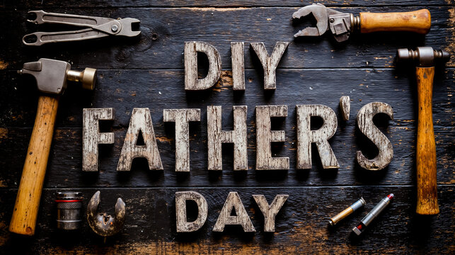 A graphic design with a wooden background featuring the words DIY Father's Day in a distressed rustic font surrounded by various tools and hardware