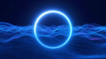 Abstract neon circle with flowing blue waves animation