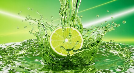 Refreshing lime slice splashing into vibrant green liquid, creating dynamic water movement.