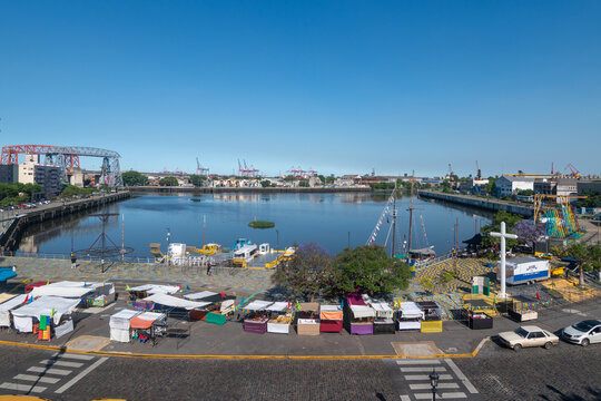 Buenos Aires, Argentina - November 13 2025: view of La Boca neighborhood and Avellaneda Bridge (Puente Transbordador Nicol&aacute;s Avellaneda) from a viewpoint at Fundacion Proa
