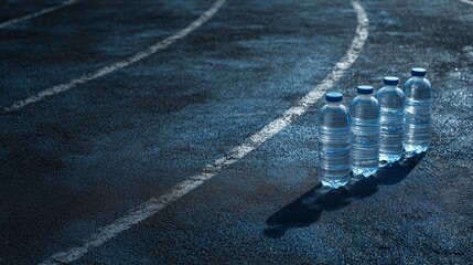 Clear water bottles on athletic track surface for hydration in sports environment