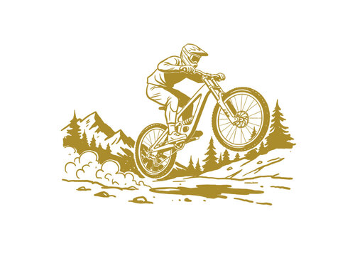 MTB Downhill Rider Jump.Extreme Mountain Bike Vector.Vintage Cycling Badge Design.Retro Off Road Bike Art.Sport Adventure Illustration