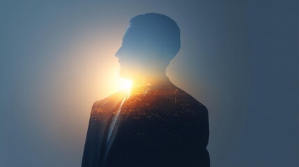 Double exposure of a male silhouette with a cityscape and sunrise background