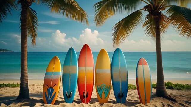 Colorful Surfboards on Tropical Beach Scene.