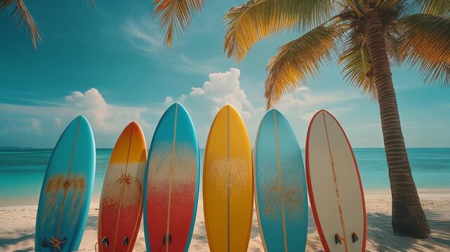 Colorful Surfboards on Tropical Beach with Palm Trees.