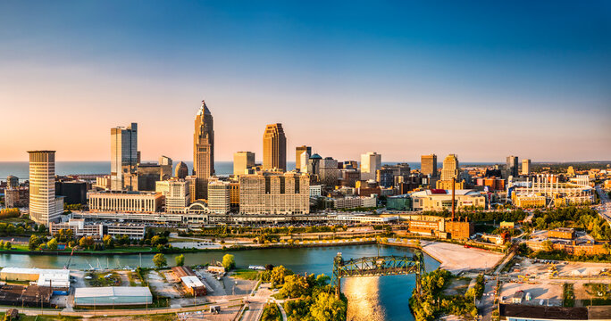 Panoramic view of Cleveland, Ohio skyline at sunset. Cleveland is a major city in the U.S. state of Ohio and the county seat of Cuyahoga County.