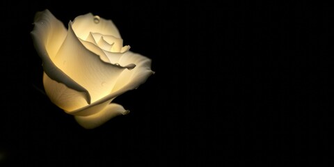 A white rose illuminated from within against a stark black background creating a dramatic and mysterious ambiance in a low-key setting