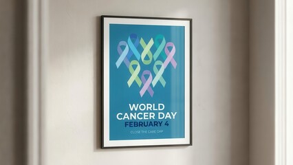 World Cancer Day Awareness Poster: Displayed on a wall, this poster signifies a call to raise awareness against this global issue, focusing on February 4th. 