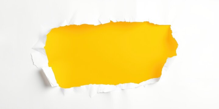 A torn piece of white paper revealing a bright yellow background with a rough edge