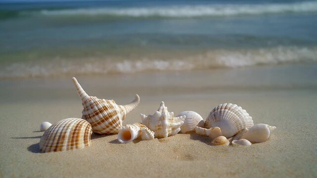 Seashells on Sandy Beach by Ocean Waves.