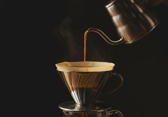 Close-up view of brewing equipment, focusing on the careful steps of crafting an artisanal pour-over coffee, highlighting the daily ritual, filter, aroma, setup