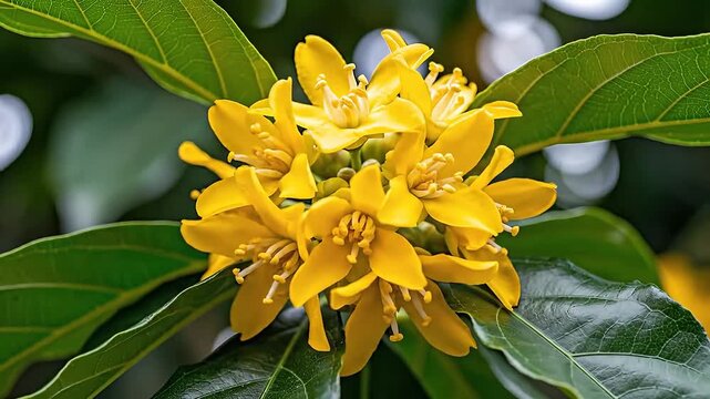 Closeup of Yellow Flowers Blooming on a Bush with Green Leaves.