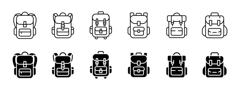 Backpack icon set. Travel and camping rucksack symbols for hiking, tourism and outdoor adventure concepts. Backpack bag illustration in outline and solid styles, isolated on white background.