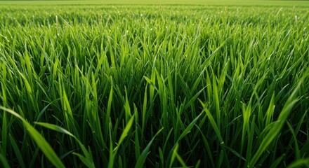 Obraz premium Detailed view of vibrant green blades of grass stretching far away along a linear border in the open countryside under bright daylight, growth, landscape, outdoors
