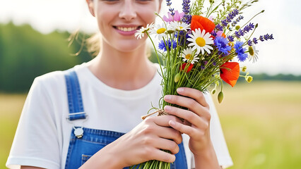 Young woman holding a bouquet of wildflowers