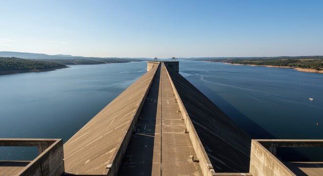 Expansive view from the massive concrete dam crest. The reservoir water stretches to the horizon under a clear sky, showing hydro power scale, structure, expanse, construction