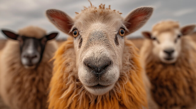 A close-up of three sheep, showcasing their distinct features and fluffy coats against a cloudy sky backdrop.