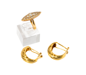 Sparkling Gold Diamond Ring & Elegant Hoop Earrings Set. Luxury Jewelry, Precious Metal Fashion PNG
