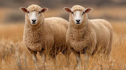 Obraz premium Two fluffy sheep stand side by side in a golden field, their warm wool contrasting beautifully with the autumn grass, evoking a serene rural scene.
