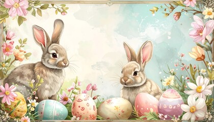 Obraz premium Easter Bunnies Surrounded by Eggs and Flowers.