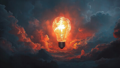 Glowing Light Bulb Amidst Fiery Clouds fire flame