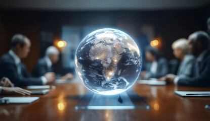 Holographic globe of Earth with glowing continents on a conference table