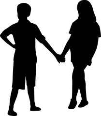 a boy and a girl hand in hand, silhouette vector