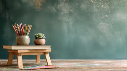 Open notebook on a tiny wooden easel with a succulent and colored pencils against a green chalkboard backdrop