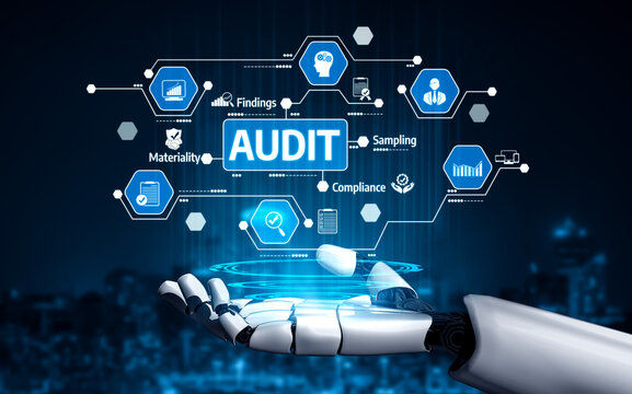 A robotic hand displays key concepts related to auditing, featuring icons for compliance, findings, sampling, and materiality in a sleek digital backdrop. Tessel
