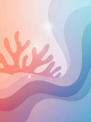 Coral shape floats above layered blue and peach waves in an aquatic design.