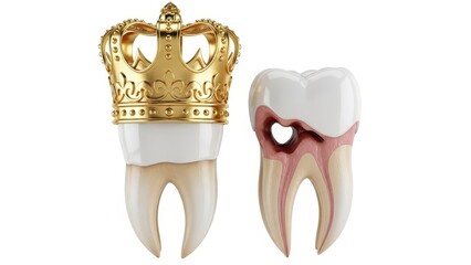 Gold Crown Next To Severely Decayed Tooth Concept.