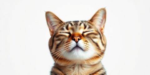 A serene tabby cat with its eyes closed and ears perked up against a clean white background appears relaxed and peaceful