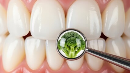 Natural dental checkup closeup showing green plant reflection.