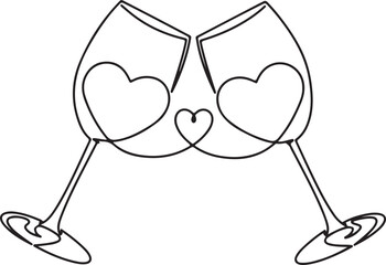 A continuous line drawing depicts two elegant wine glasses connected by a central heart shape