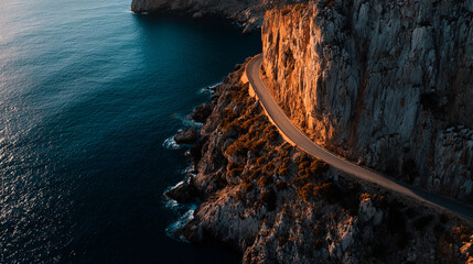 Road along cliff edge by the ocean at sunset with rocky coastline and clear water in the background