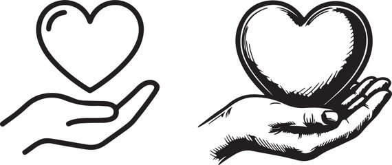 A human hand gently holds a heart symbol, presented in both simple outline and shaded black versions