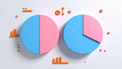 Two 3D pie charts in blue and pink, with orange accents on a white surface