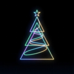 neon spiral christmas tree with star on dark background