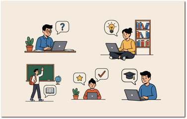 Online Education Scenes Showing Problem Solving, Learning Process and Digital Study Activities Flat Vector Illustration