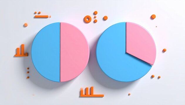 Two 3D pie charts in blue and pink, with orange accents on a white surface