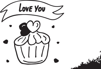 A sweet hand drawn cupcake with a heart on top and a LOVE YOU banner