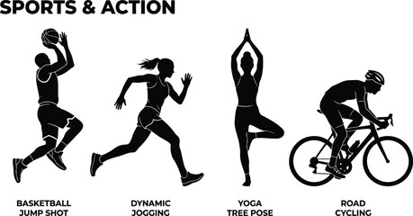 Active Lifestyles: Vector Silhouettes of Sports & Fitness Activities - Basketball, Running, Yoga & Cycling Icons