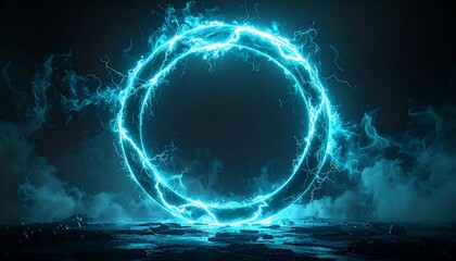 Glowing blue energy portal emitting light and lightning with smoky environment
