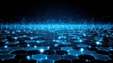 Glowing hexagonal lattice structure stretches into the dark digital distance