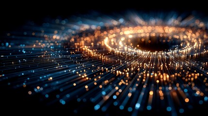 Abstract visualization of data transmission through fiber optic cables and network connections